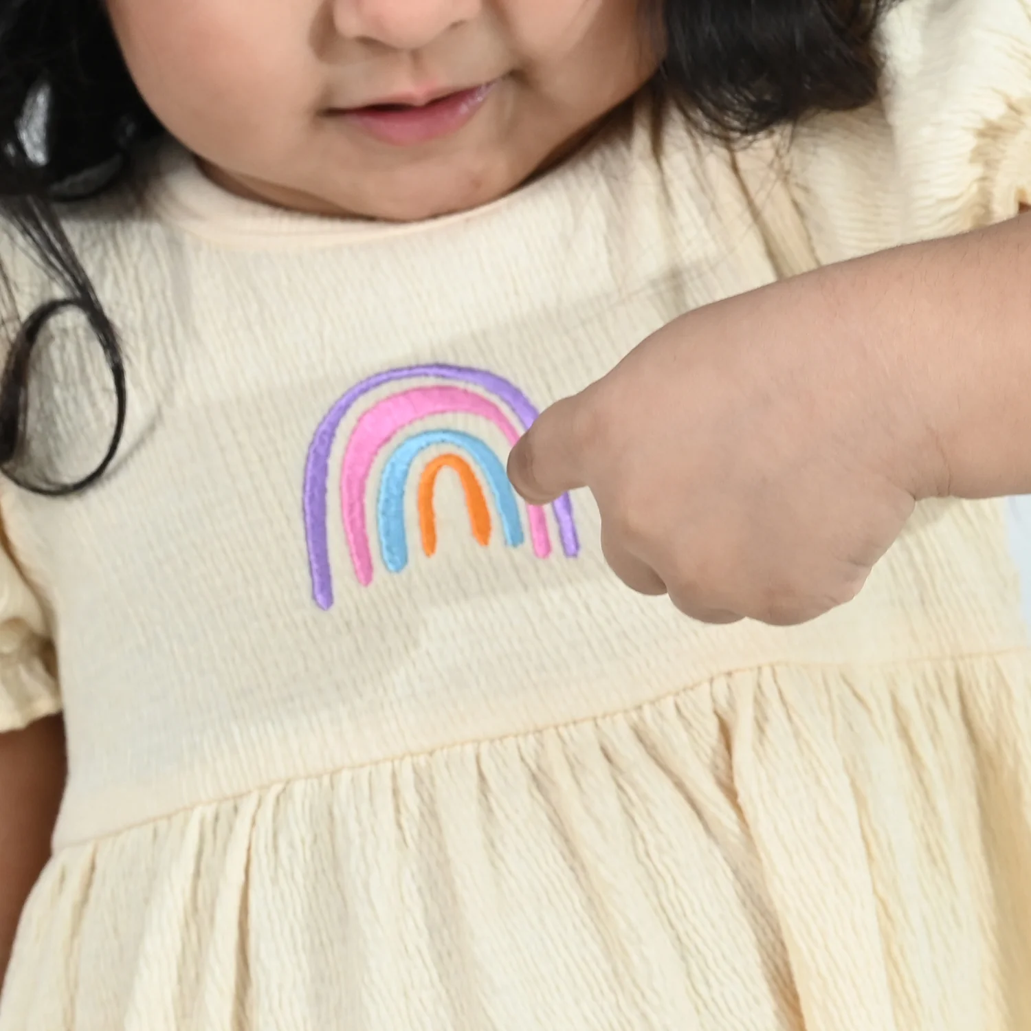Infant Girls Poly Crinkle Knitted Frock (RAINBOW) - Yellow - Image 3