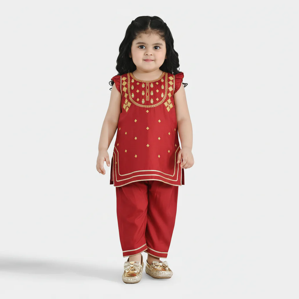 Infant Girls Raw Silk 2-Piece Zara Set - Red