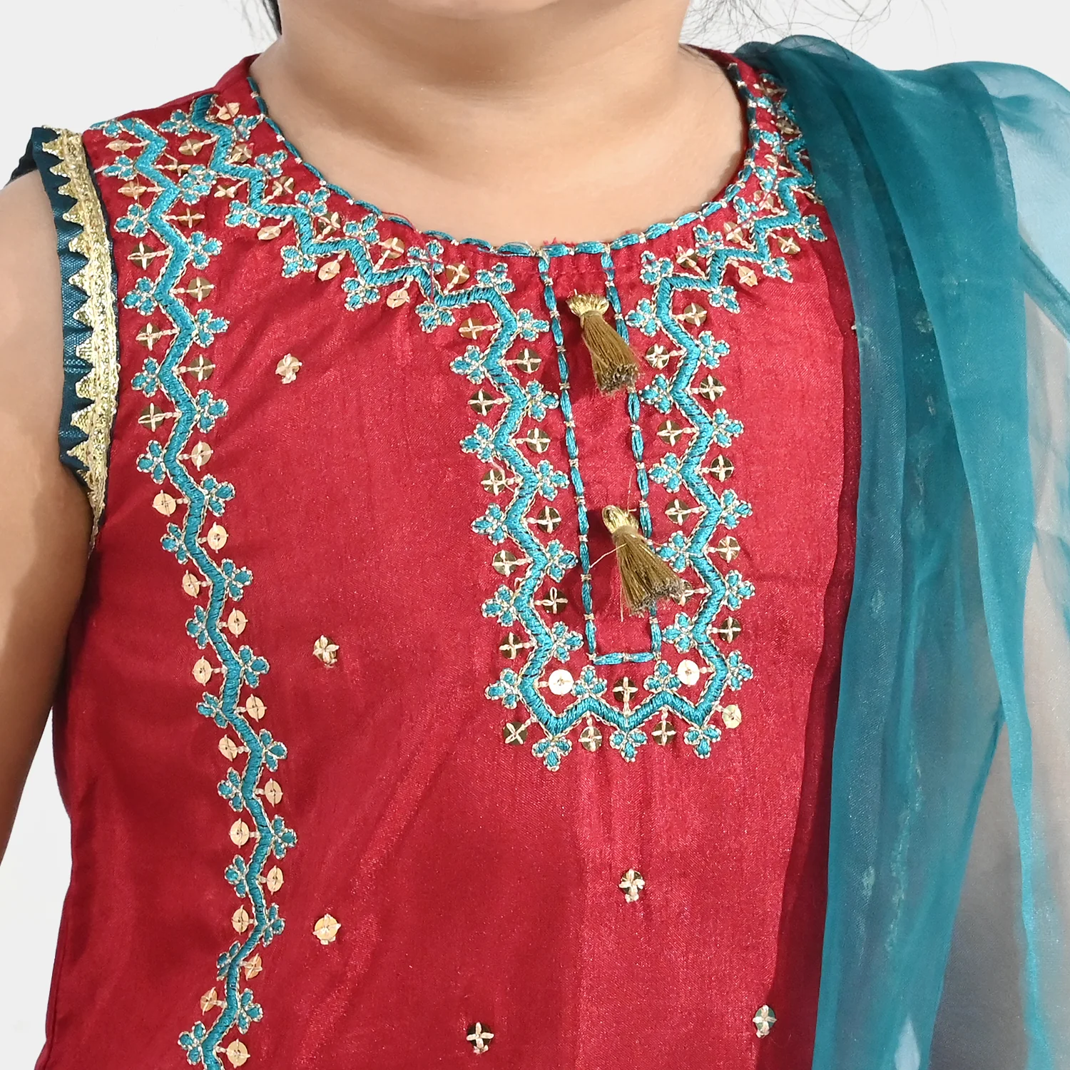 Infant Girls Raw Silk 3 Piece Suit (Naqsh) - Red - Image 2