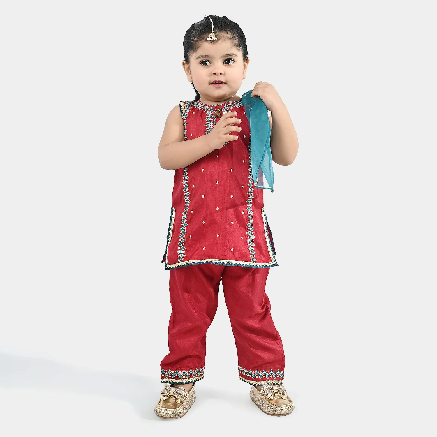 Infant Girls Raw Silk 3 Piece Suit (Naqsh) - Red - Image 3