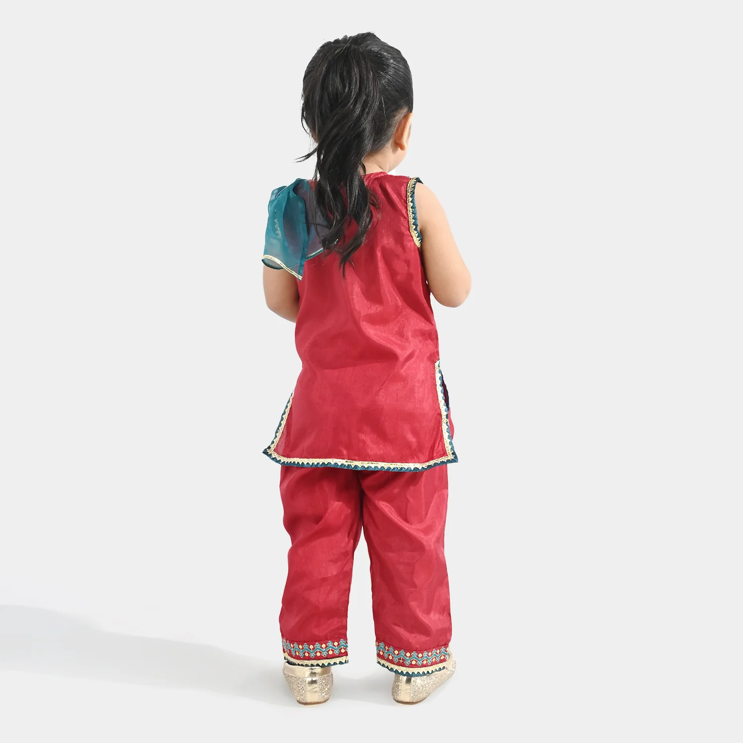 Infant Girls Raw Silk 3 Piece Suit (Naqsh) - Red - Image 4