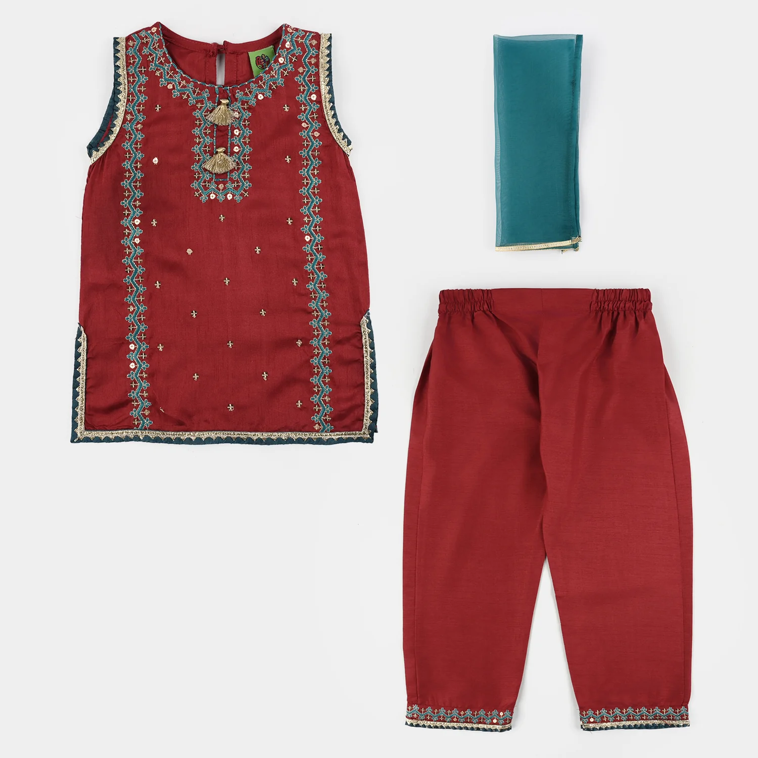Infant Girls Raw Silk 3 Piece Suit (Naqsh) - Red - Image 5