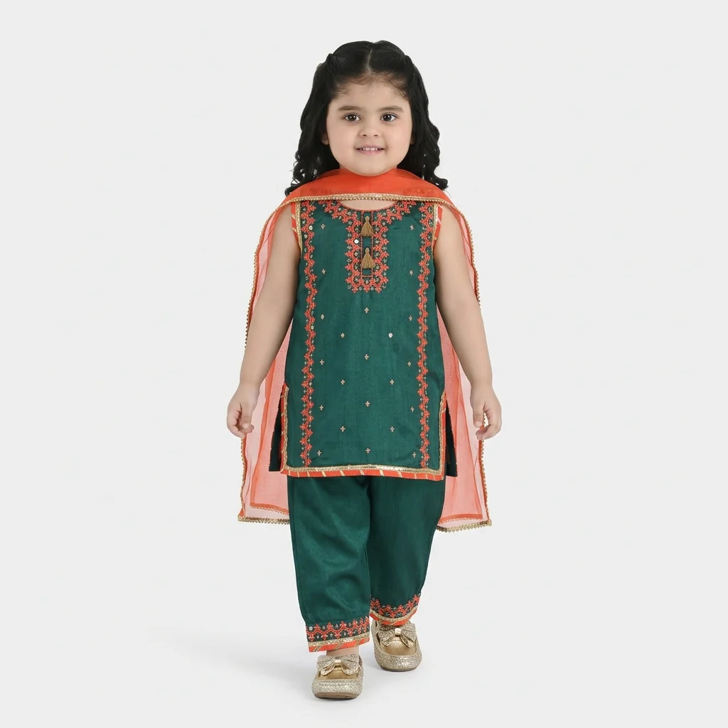 Infant Girls Raw Silk 3-Piece Set (Naqsh)-Teal Blue