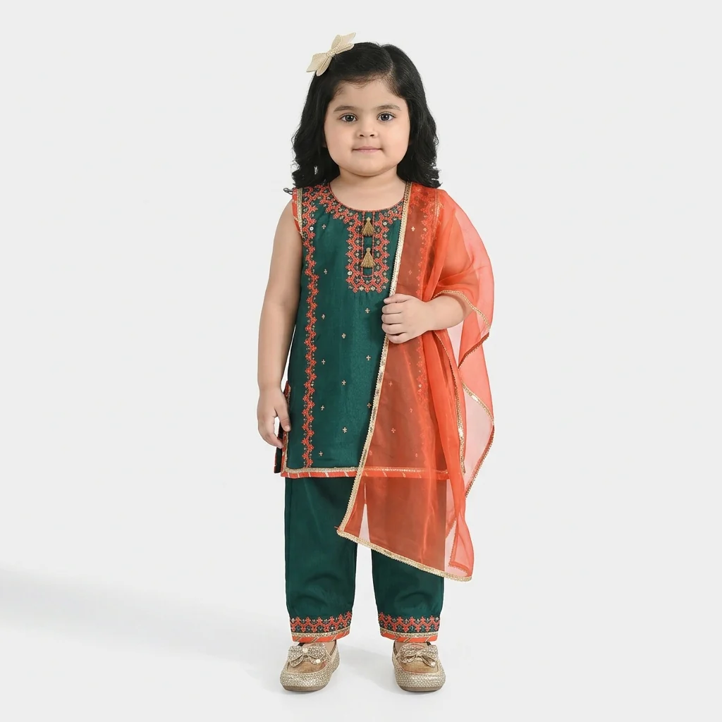 Infant Girls Raw Silk 3-Piece Set (Naqsh)-Teal Blue - Image 2