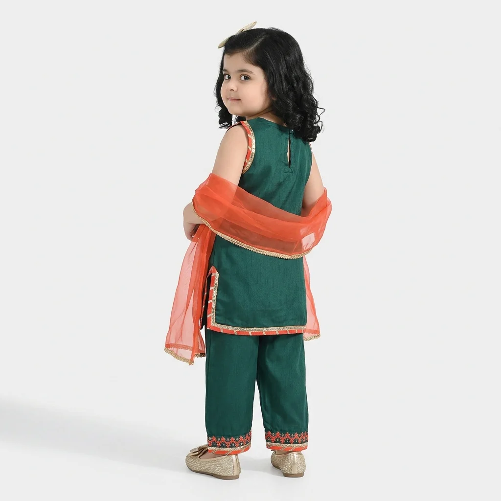 Infant Girls Raw Silk 3-Piece Set (Naqsh)-Teal Blue - Image 3