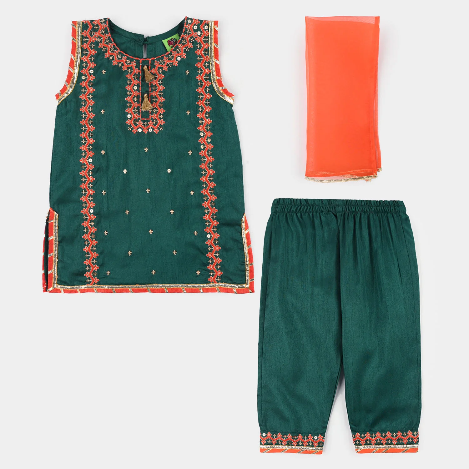 Infant Girls Raw Silk 3-Piece Set (Naqsh)-Teal Blue - Image 4