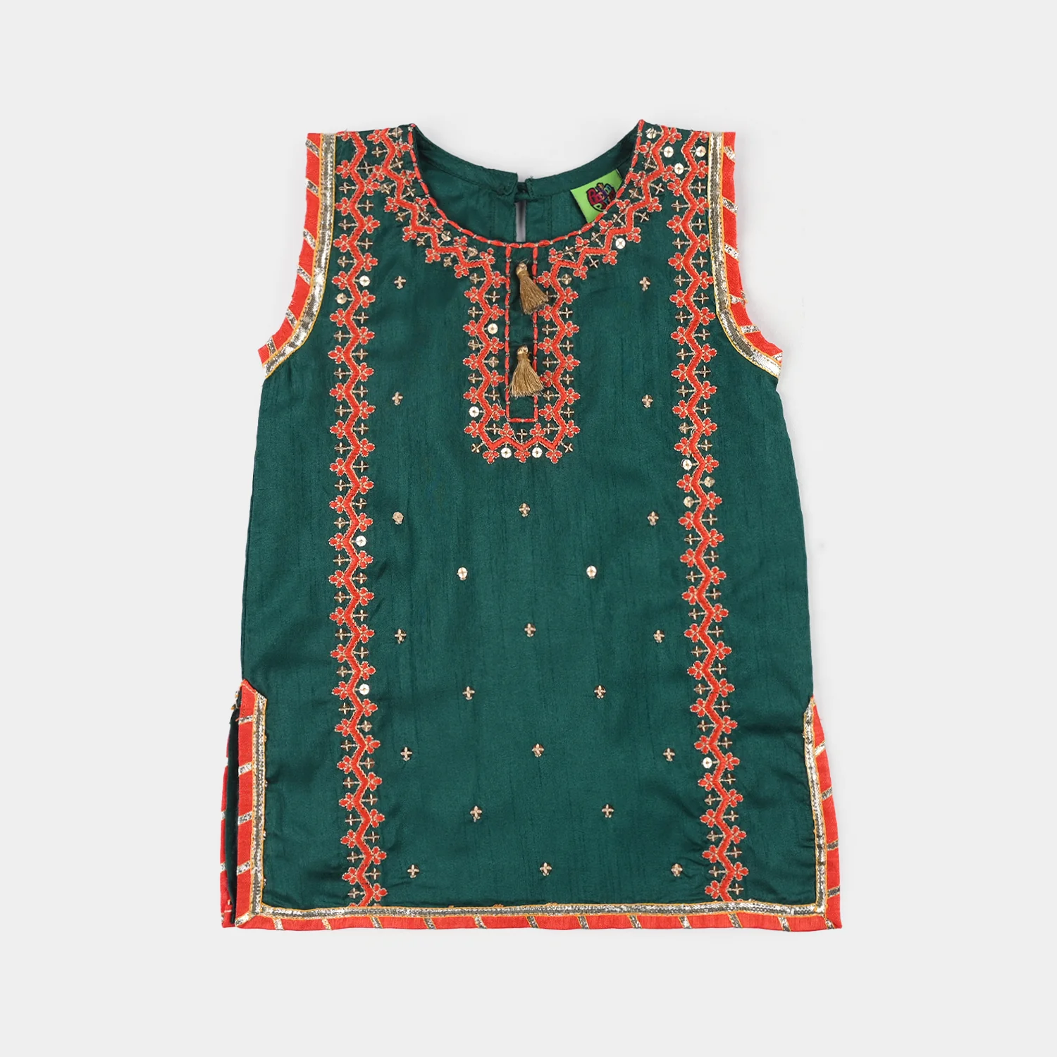 Infant Girls Raw Silk 3-Piece Set (Naqsh)-Teal Blue - Image 5
