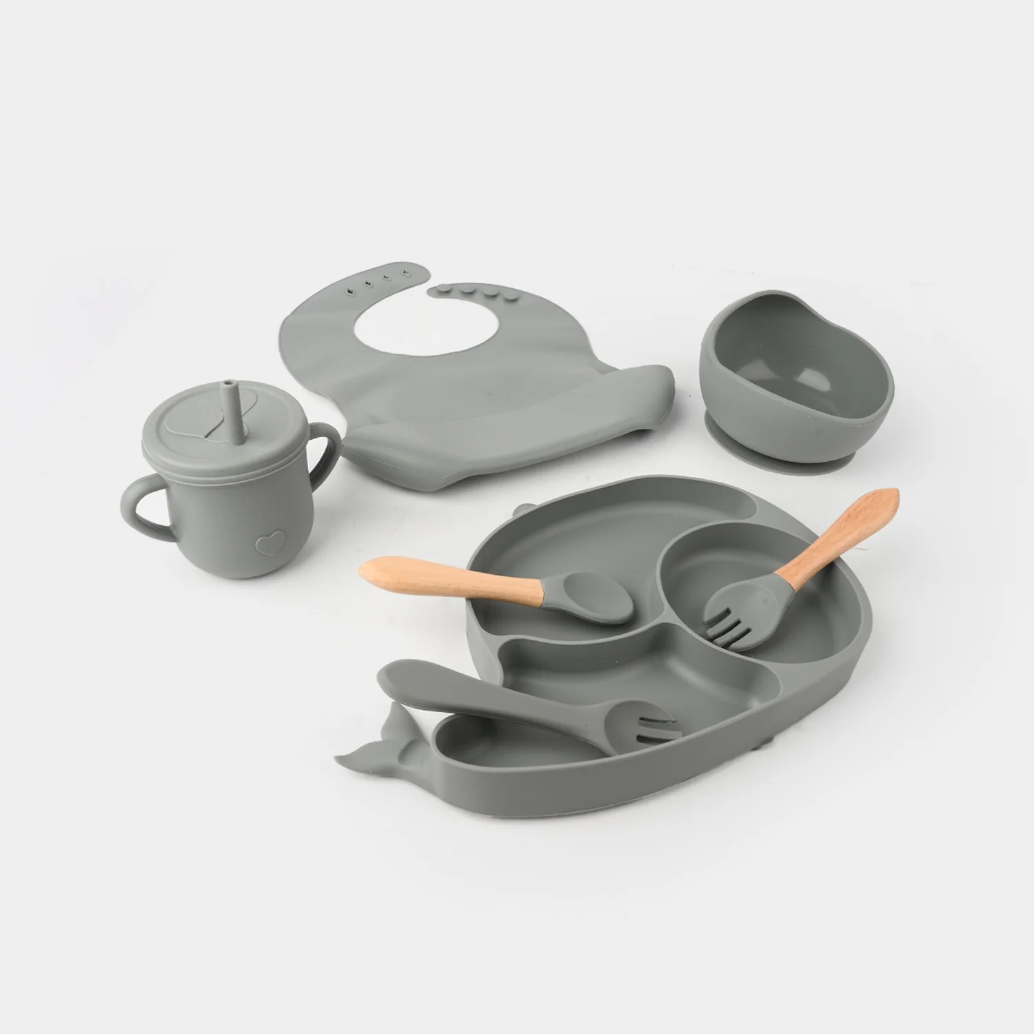 Adorable Food Grade Silicone Baby Tableware Set 9Pcs Set | Fish Grey 1545
