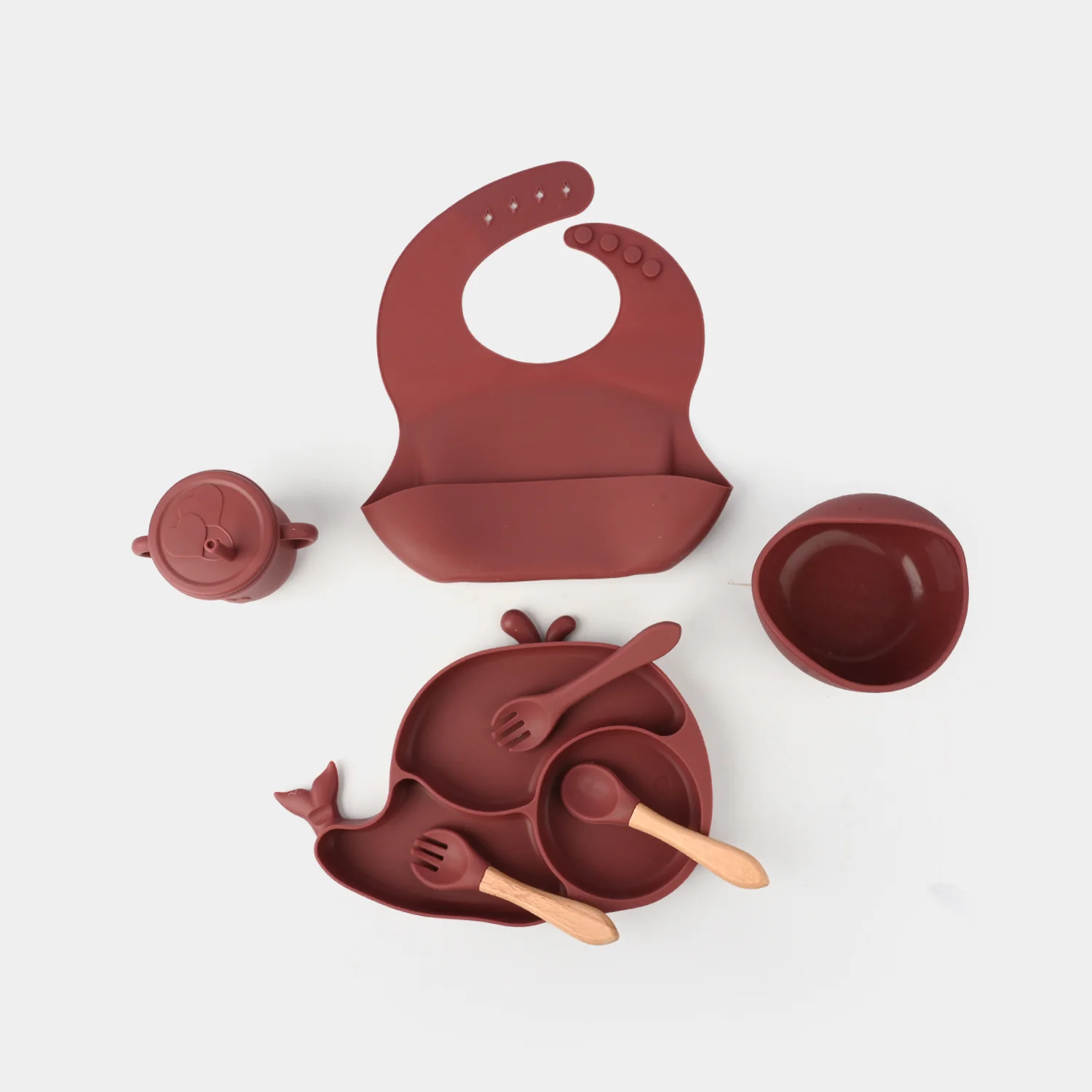 Adorable Food Grade Silicone Baby Tableware Set 9Pcs Set | Fish Maroon 1545 - Image 2
