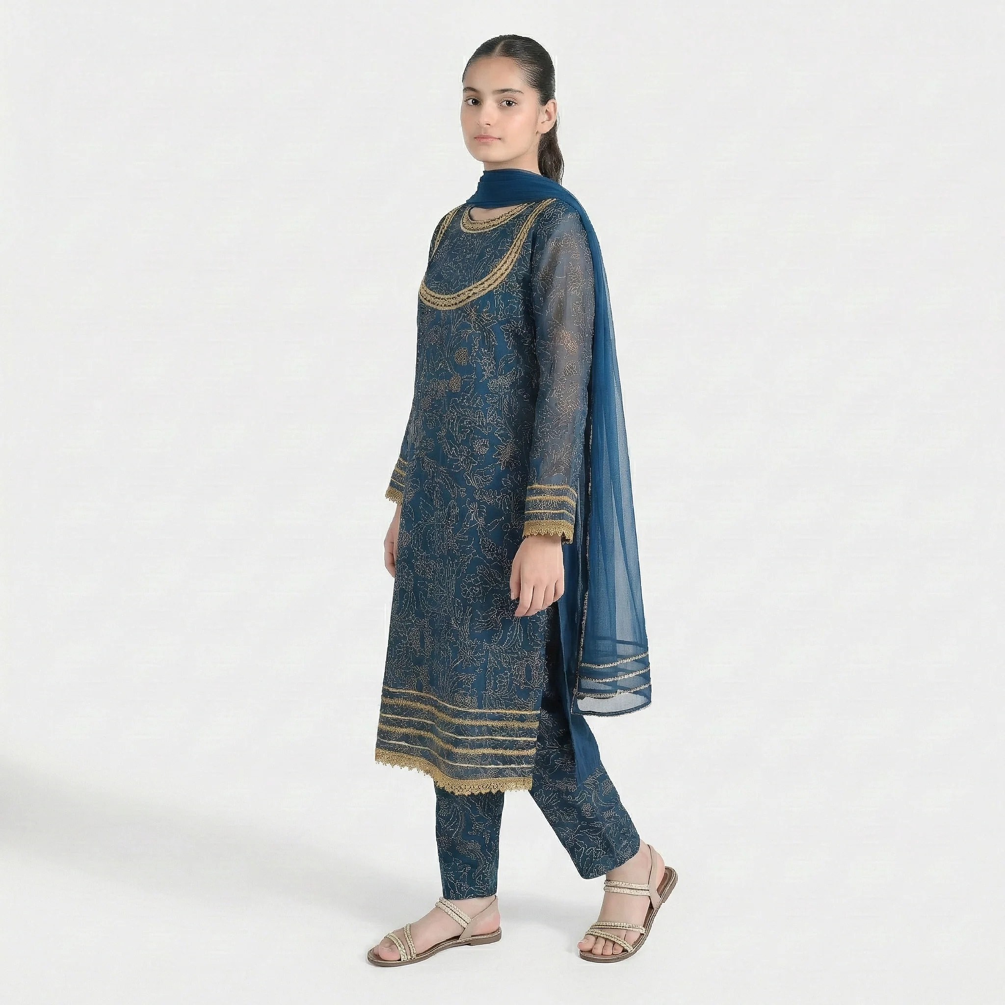 Teens Girls Chiffon 3Pcs (Zarmeena) - Teal Green - Image 2