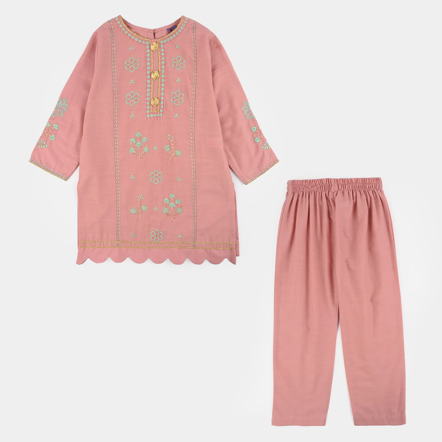 Teens Girls Cotton Slub Emb 2Pcs Mina -T.Pink
