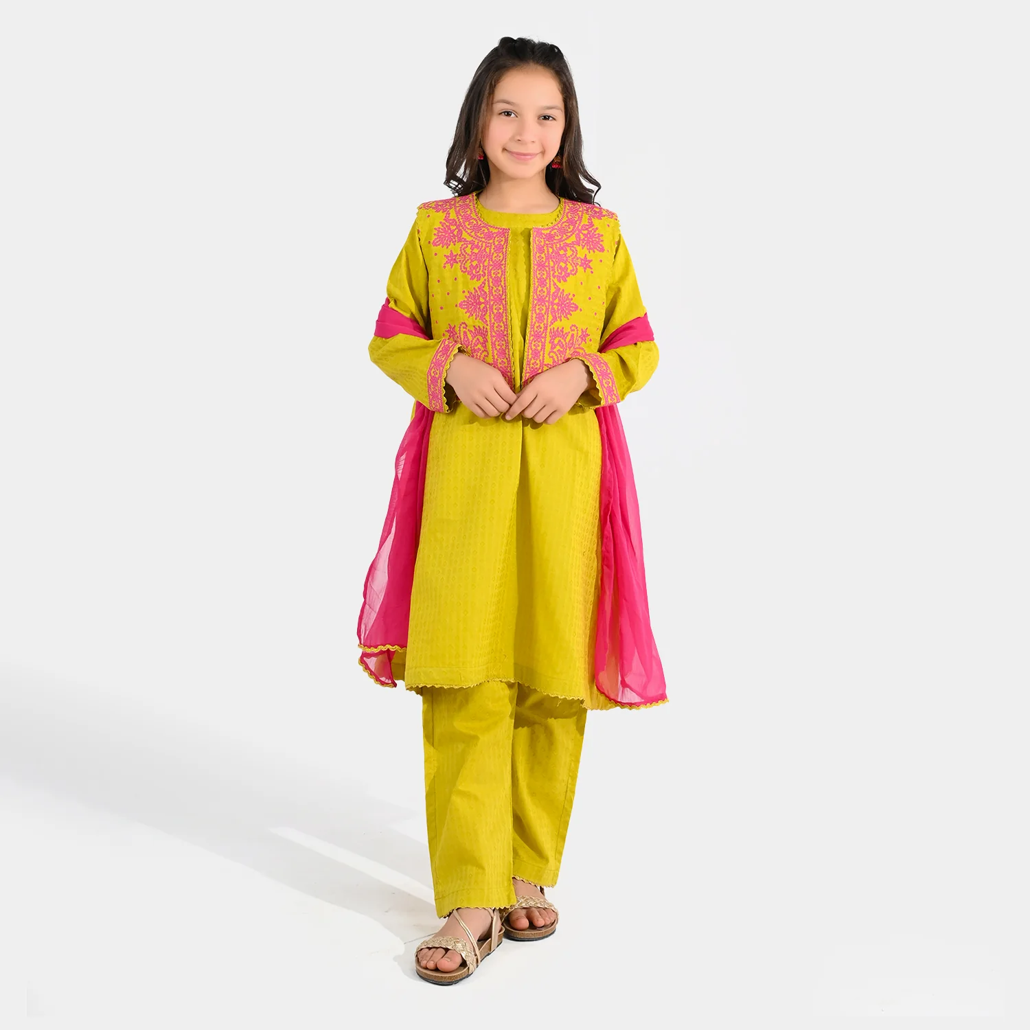Girls Jacquard 3-Piece Suit (Khushyia) - Olive