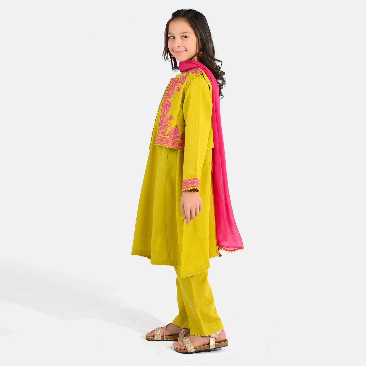 Girls Jacquard 3-Piece Suit (Khushyia) - Olive - Image 3