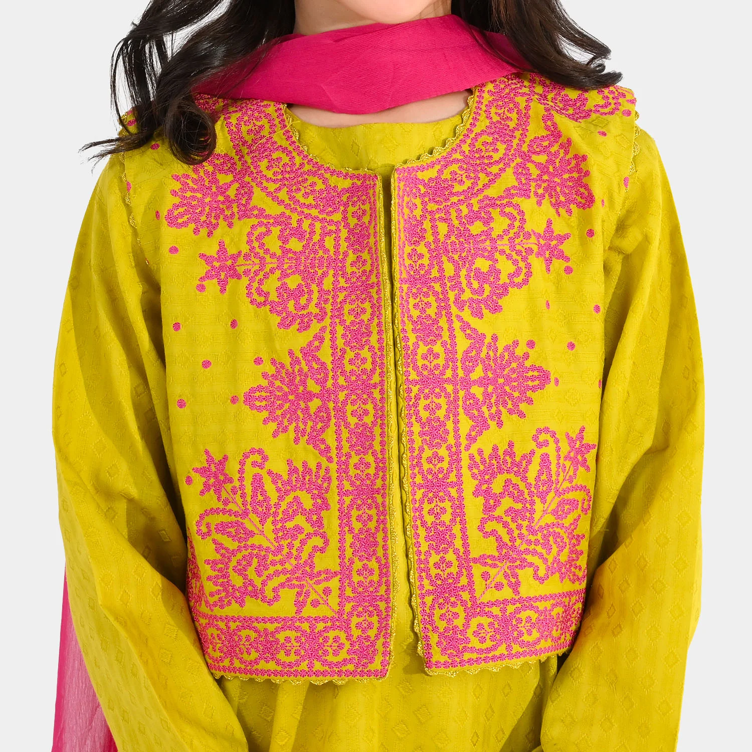 Girls Jacquard 3-Piece Suit (Khushyia) - Olive - Image 4