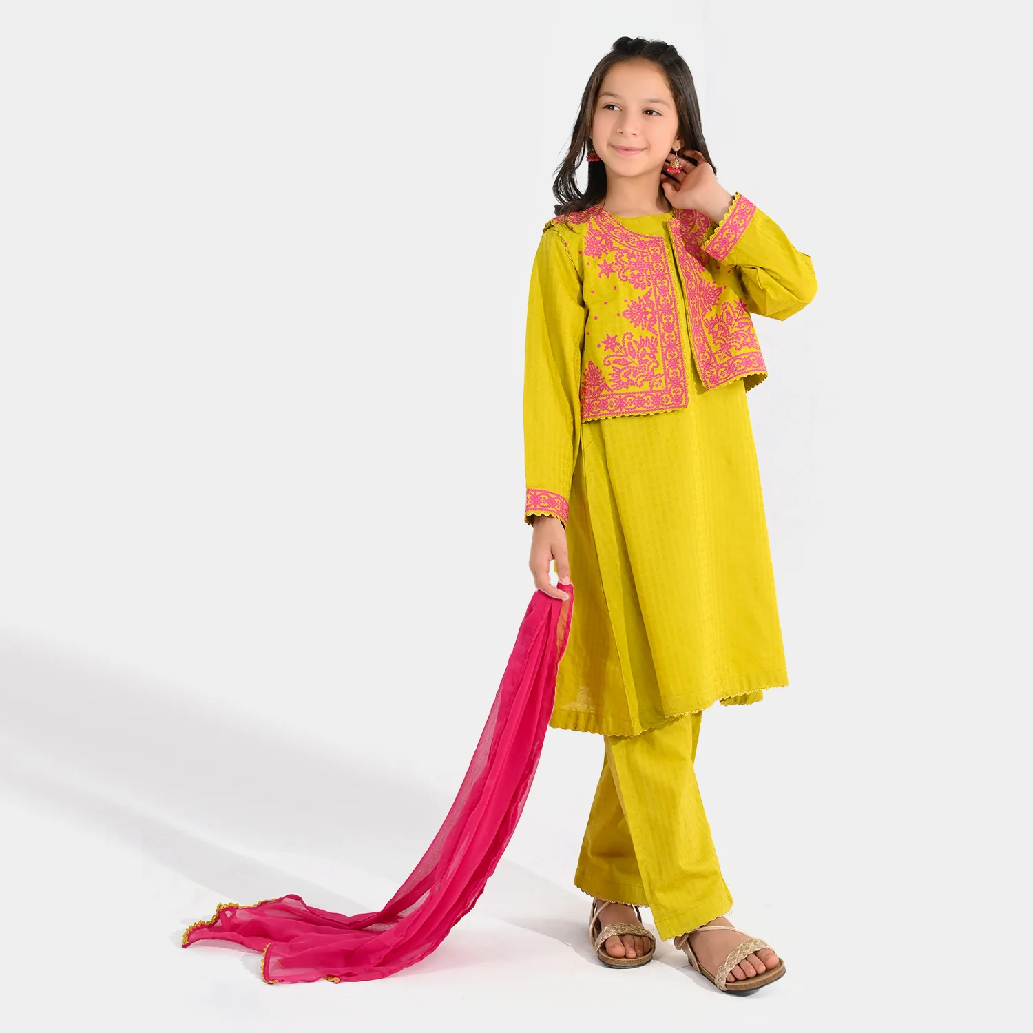 Girls Jacquard 3-Piece Suit (Khushyia) - Olive - Image 5