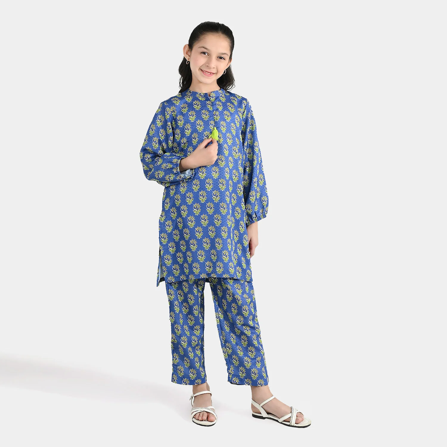 Teens Girls Jacquard Printed 2-Piece Set (Teal Flowers) - Blue - Image 4
