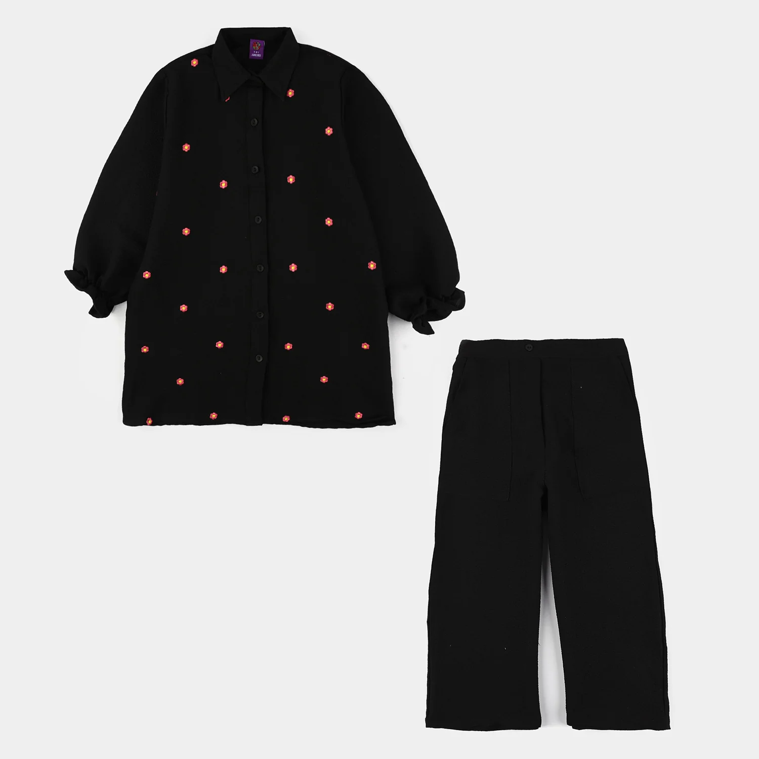 Teens Girls Poly Crinkle Embroidered Co-Ord Set (Floral Set) – Black