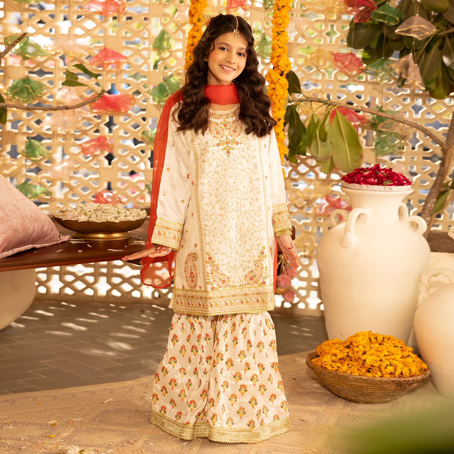 Teens Girls Raw Silk 3-Pc Set (Mah Noor) - Off White