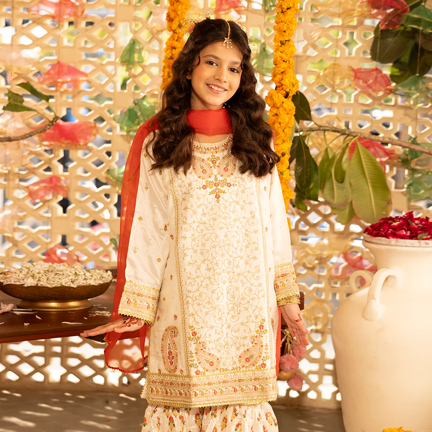 Teens Girls Raw Silk 3-Pc Set (Mah Noor) - Off White - Image 3