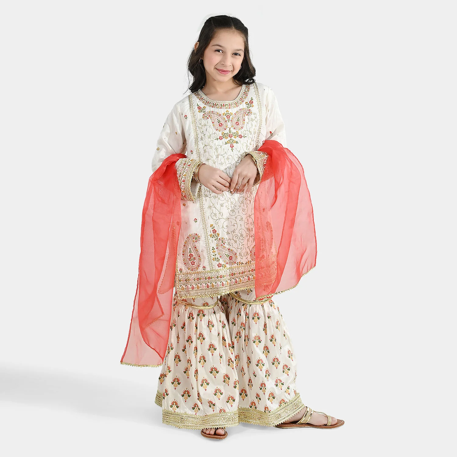 Teens Girls Raw Silk 3-Pc Set (Mah Noor) - Off White - Image 4