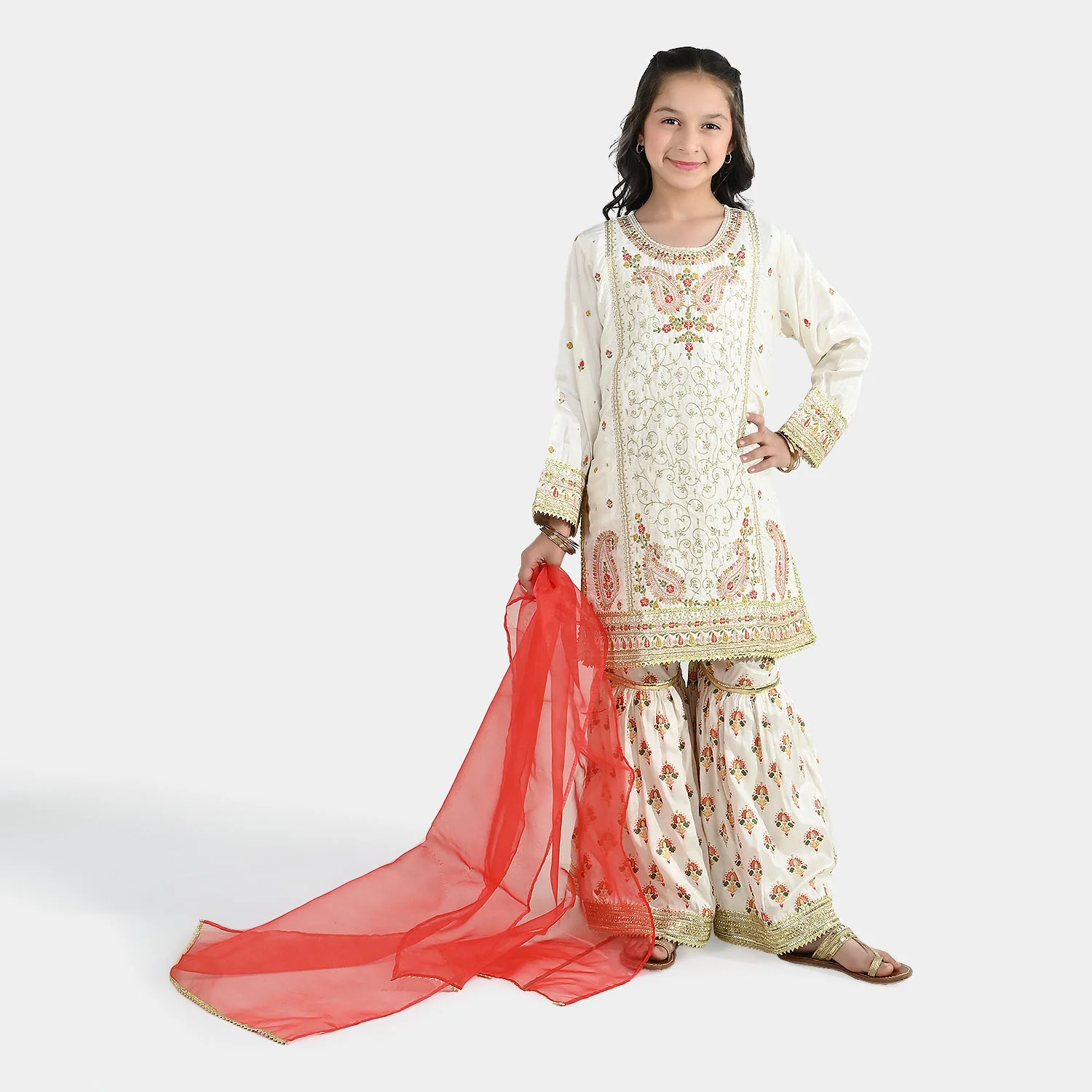 Teens Girls Raw Silk 3-Pc Set (Mah Noor) - Off White - Image 5