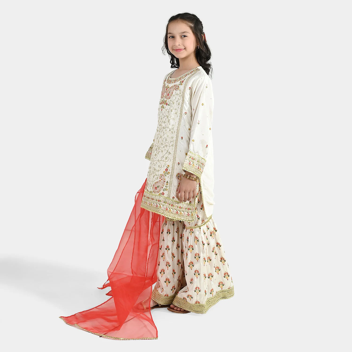 Teens Girls Raw Silk 3-Pc Set (Mah Noor) - Off White - Image 8