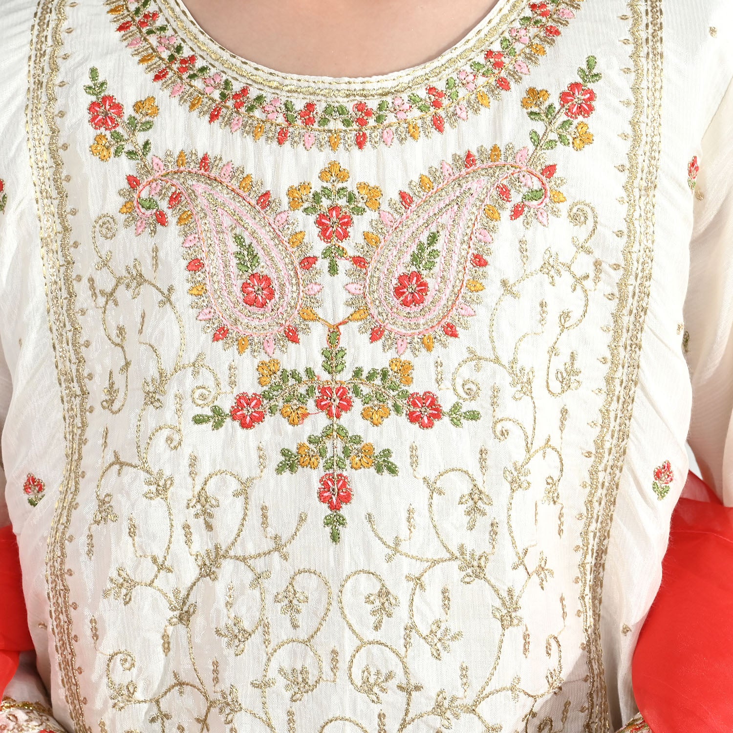Teens Girls Raw Silk 3-Pc Set (Mah Noor) - Off White - Image 9