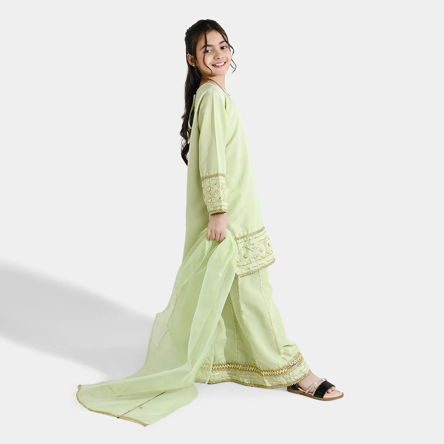 Teens Girls Raw Silk 3-Piece Set (Jahan Ara) - Pista Green - Image 4