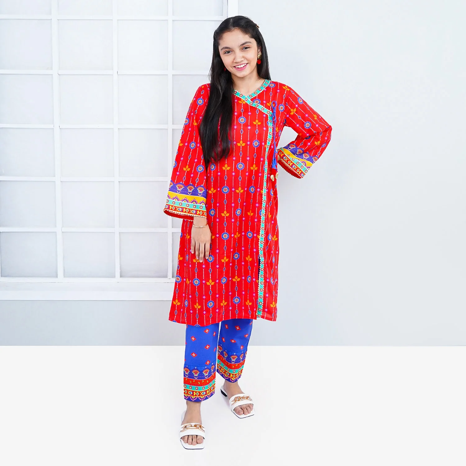 Unstitched Girls Lawn Digital Print 2Pcs Suit - Red